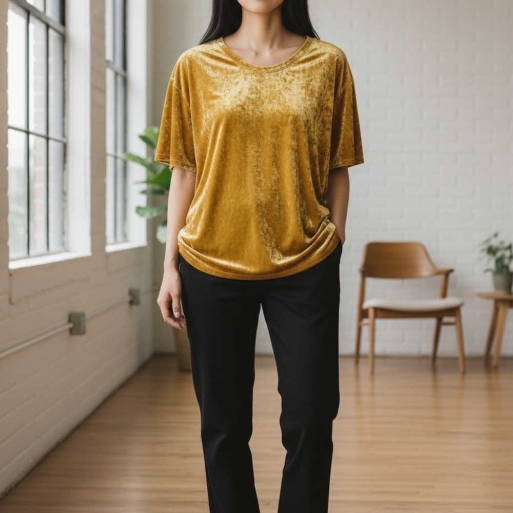 Marykim Women's Crushed Velvet Top Scoop Neck Mustard Yellow Gold Short Sleeve